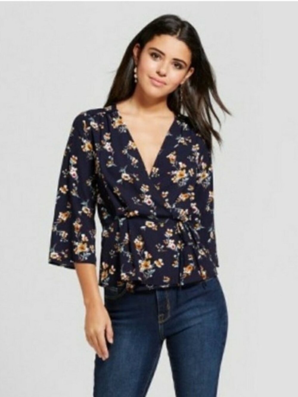 5/$10 -EUC Xhilaration Navy Floral Wrap Top - Juniors Small -Fits like Women xs